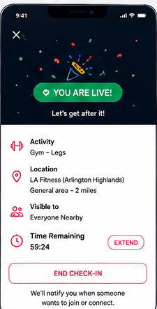Essayer Fitness check-in screen showing an active workout status